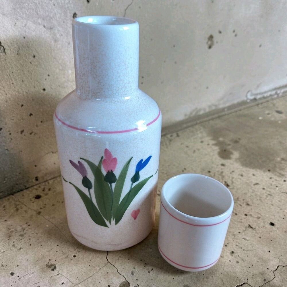 Rare Vintage Clay Designs, "Happy Things", Bedside Carafe & Cup Tumble Up